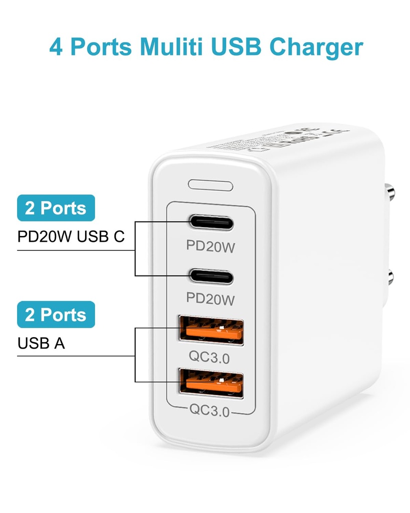 Cargador 65W 2pto USB+ 2pto Tipo C